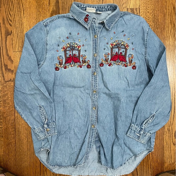 Bobbie Brooks Vintage Denim Shirt Red Birds Cardinal Fall Size XL - Picture 1 of 9